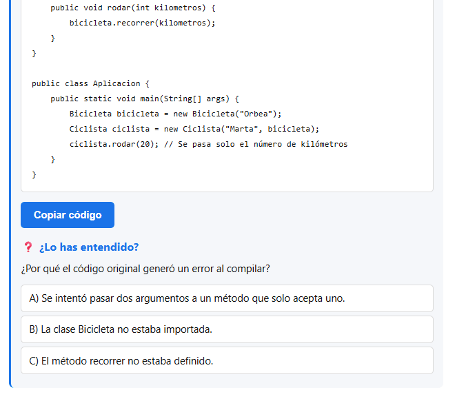Final del código corregido con ciclista.rodar(20) y la pregunta de comprobación con tres opciones