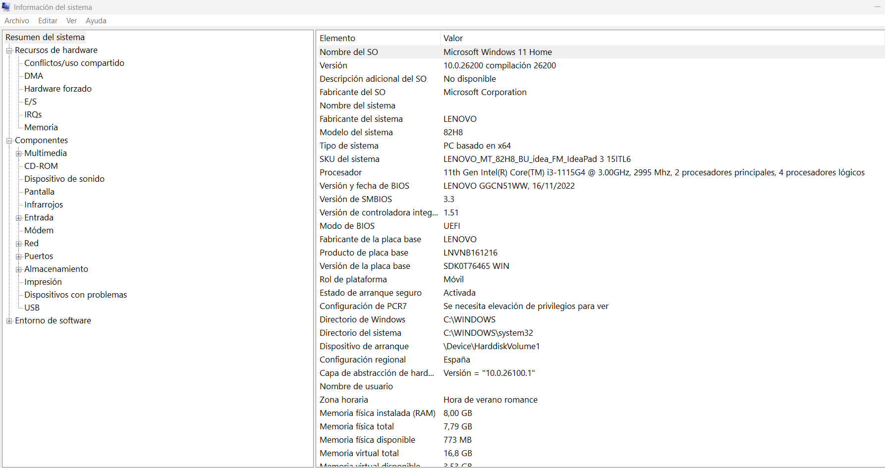 Información del sistema del Lenovo IdeaPad 3 15ITL6